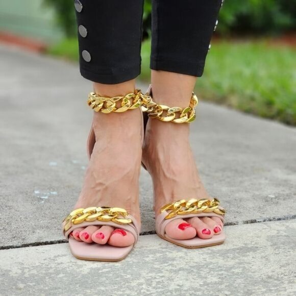 Womens Ankle Strap Heels Chains Stiletto Sandals Blush Color - Picture 2 of 5